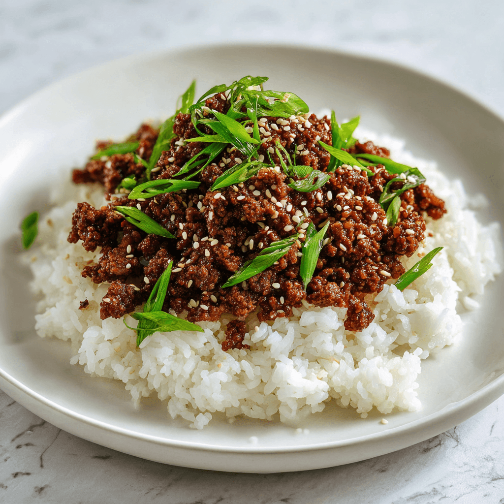 Korean ground beef and rice served neatly on a white plate.