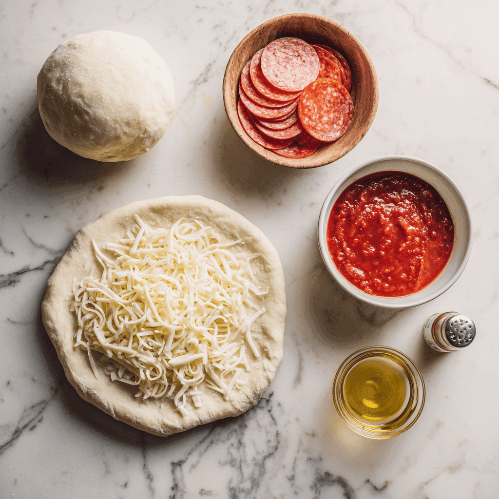 Easy Air Fryer Calzones: Crispy, Cheesy, & Quick 3 Pizza dough, cheese, pepperoni, sauce, and oil spray in a flat-lay arrangement.