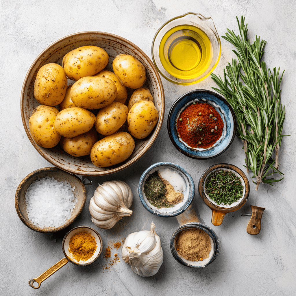 Crispy Air Fryer Baby Potatoes 3 Flat-lay of baby potatoes, rosemary, garlic powder, and spices arranged on a marble surface.