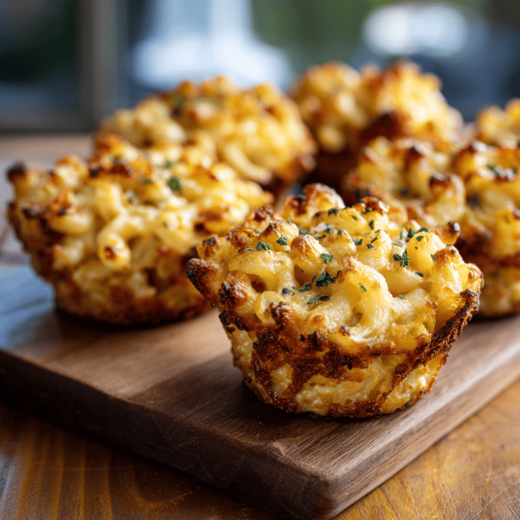 Rustic close-up of baked mac and cheese cups on a wooden board with warm natural light.