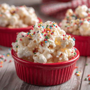 White almond bark–coated puffcorn with sprinkles served in red ramekins.