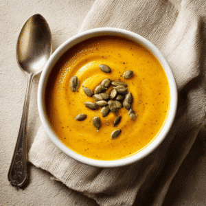 Overhead view of golden-orange squash soup in a white bowl topped with pumpkin seeds.