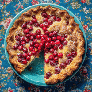 Overhead view of a Nantucket Cranberry Pie with a slice removed on a teal plate over a blue floral tablecloth.