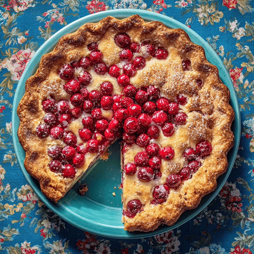 Overhead view of a Nantucket Cranberry Pie with a slice removed on a teal plate over a blue floral tablecloth.