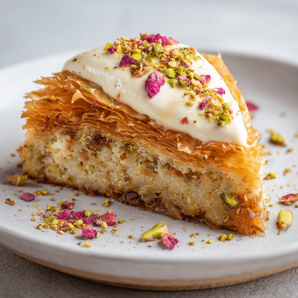 Baklava cake slice with honey buttercream on a white plate.