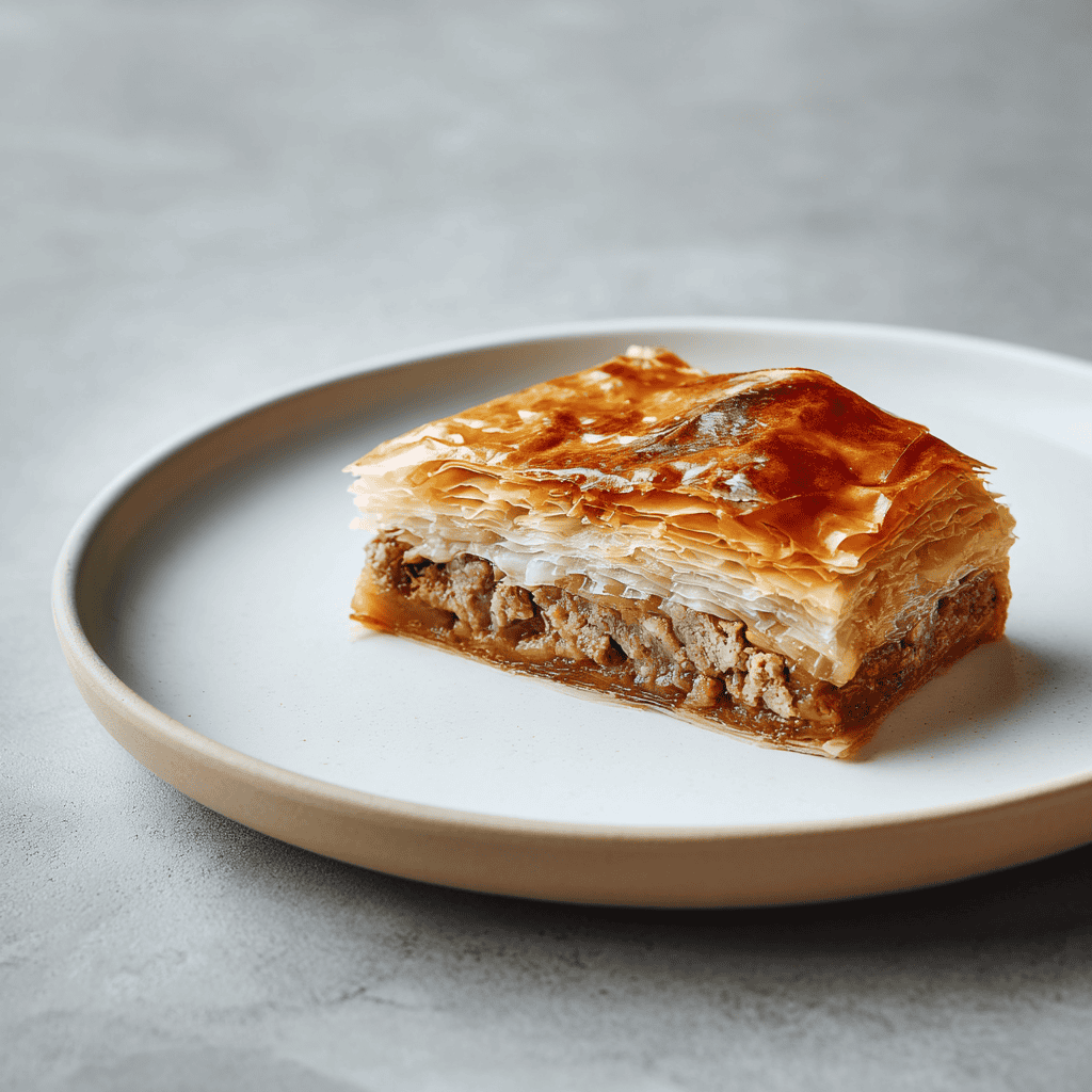 ayoubecomx a clean minimalist shot of a slice of Kreatopita s e46f7322 72a6 4be6 9b6a bf294d0c0598 1 - Authentic Kreatopita Recipe (Traditional Greek Meat Pie)