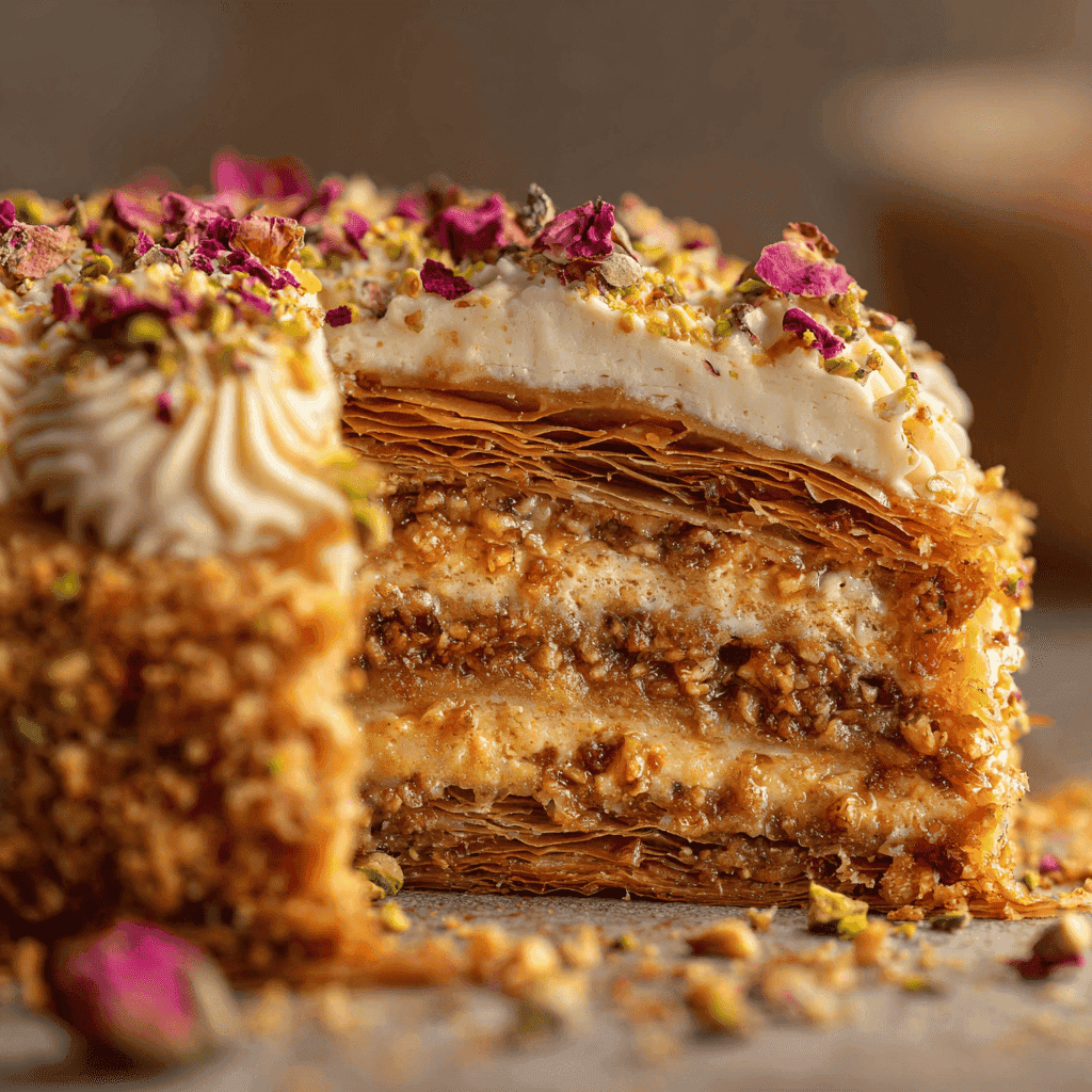 A slice of baklava cake with flaky phyllo and honey buttercream.