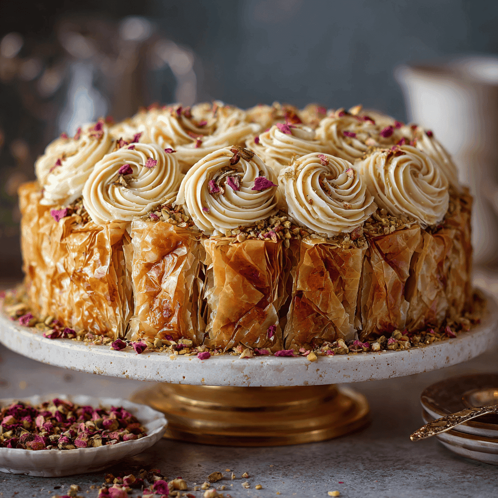 Entire baklava cake with flaky phyllo and honey buttercream.