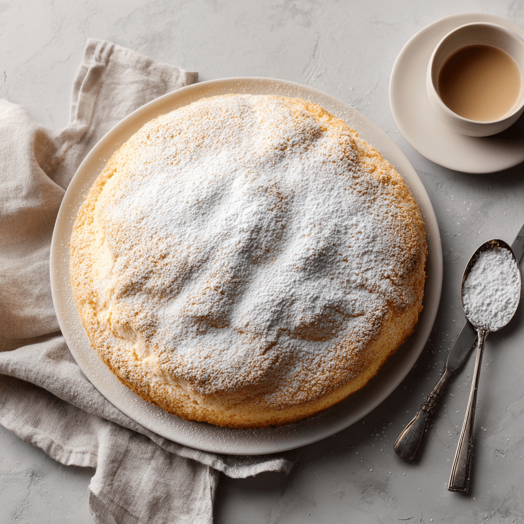 Entire fluffy yogurt cloud cake dusted with powdered sugar.