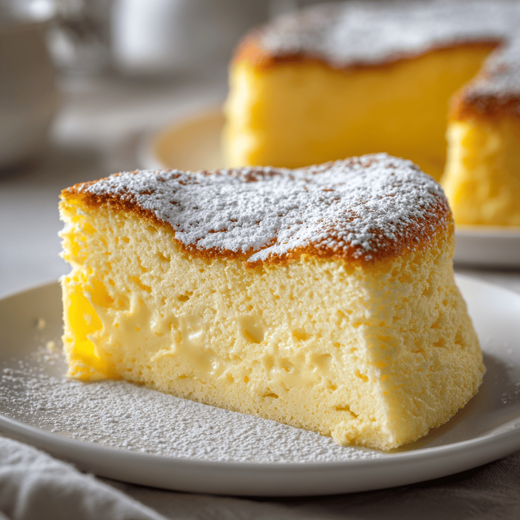 Soft and airy yogurt cloud cake slice dusted with powdered sugar.