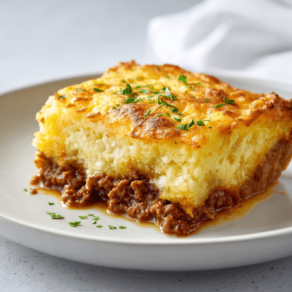 Single serving of cottage pie on a white plate.
