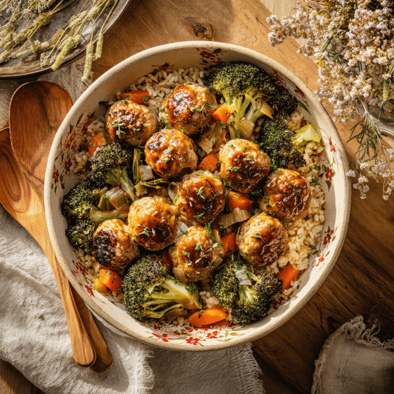 Harvest turkey meatballs with vegetables and rice in a floral bowl on a rustic table.