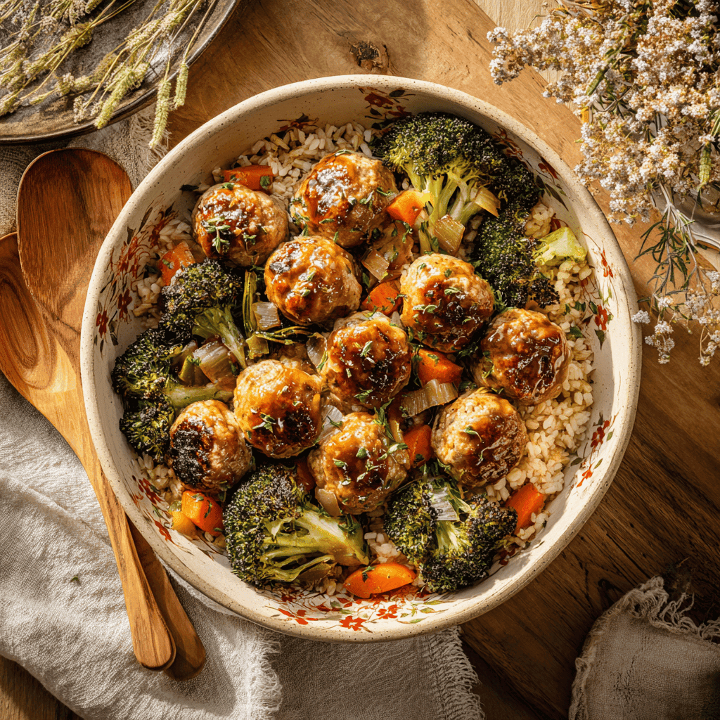 Harvest turkey meatballs with vegetables and rice in a floral bowl on a rustic table.