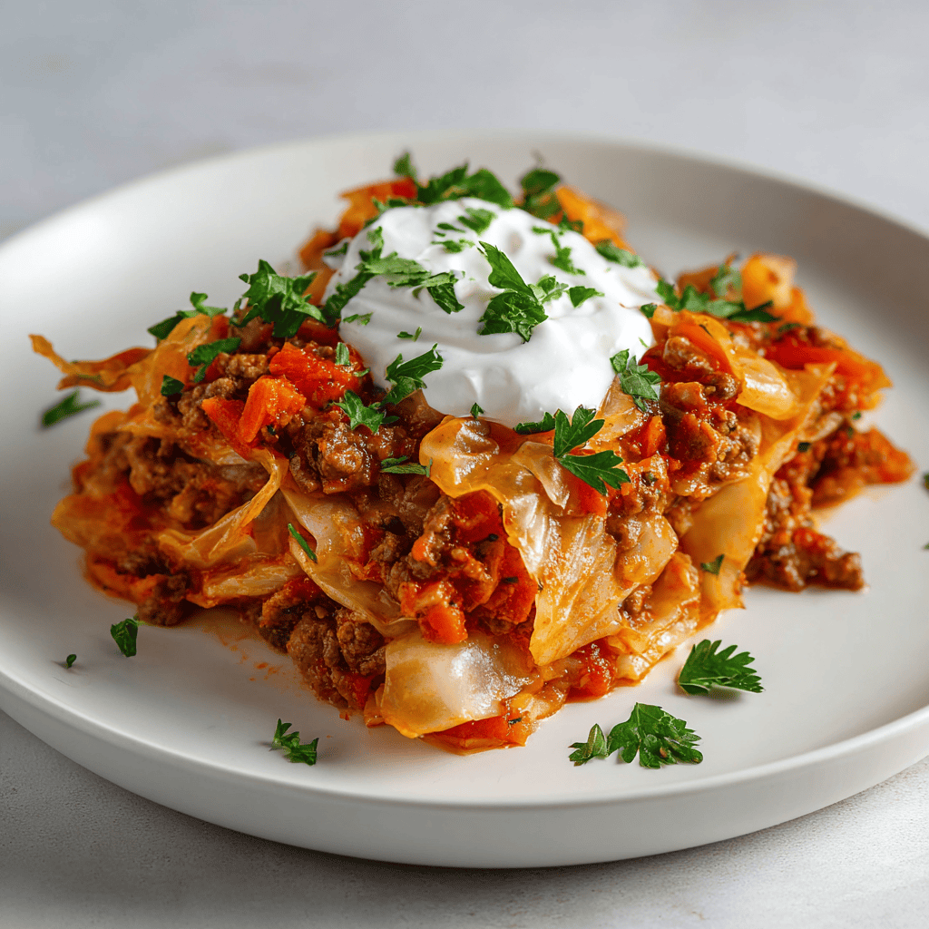 ayoubecomx a serving of cabbage beef bake plated neatly on a 53334d15 5248 45d2 8024 7d185b4cc0a2 1 - Hearty Cabbage Beef Bake: An Easy Dutch Oven Casserole