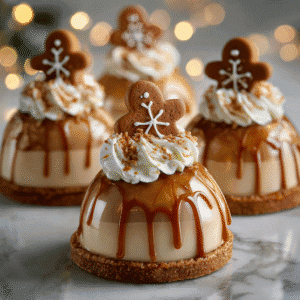 Multiple gingerbread latte mousse domes decorated with whipped cream and cookies.