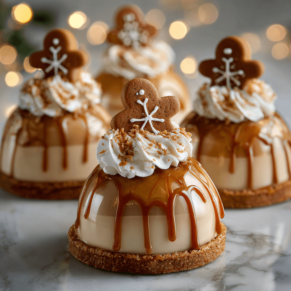 Multiple gingerbread latte mousse domes decorated with whipped cream and cookies.
