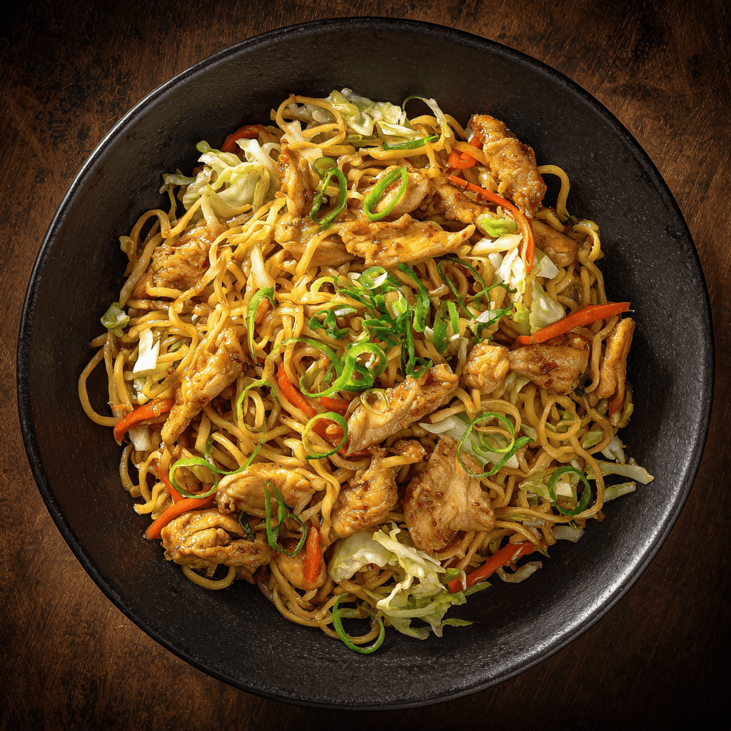 Bowl of chicken chow mein with noodles, cabbage, carrots, and sauce.