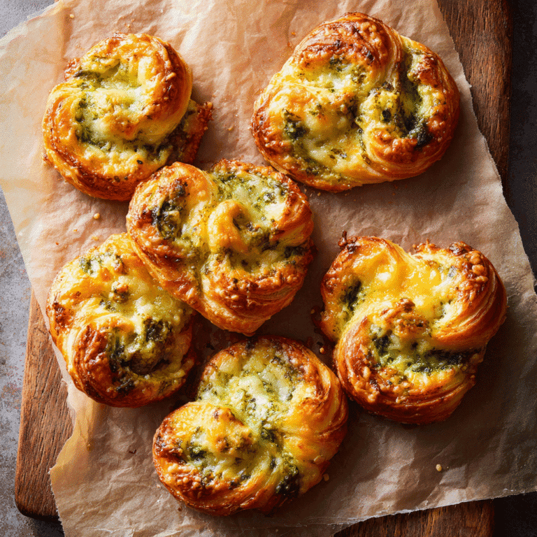 Golden cheesy pesto puffs with melted cheddar on parchment paper.