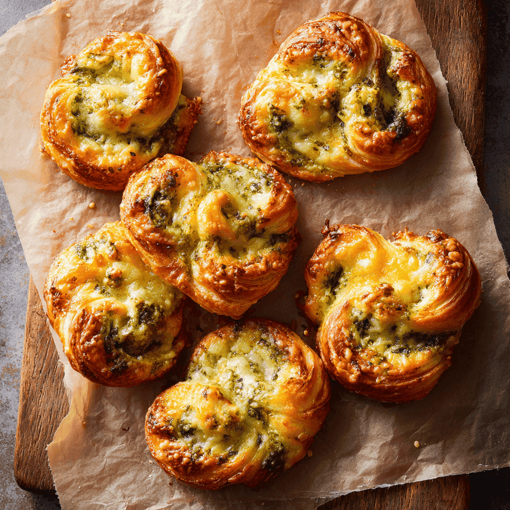Golden cheesy pesto puffs with melted cheddar on parchment paper.