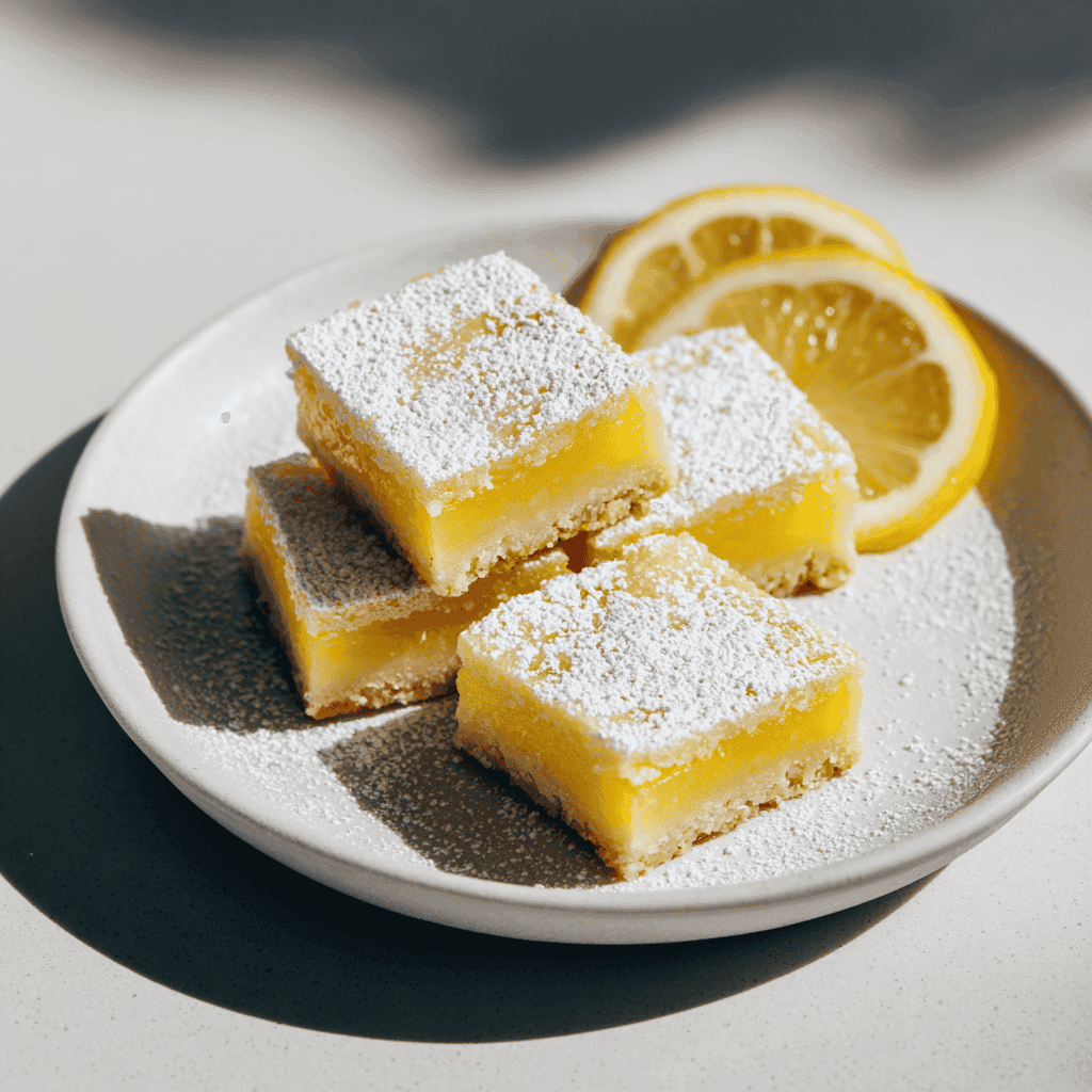 Lemon bars with powdered sugar on a white plate.