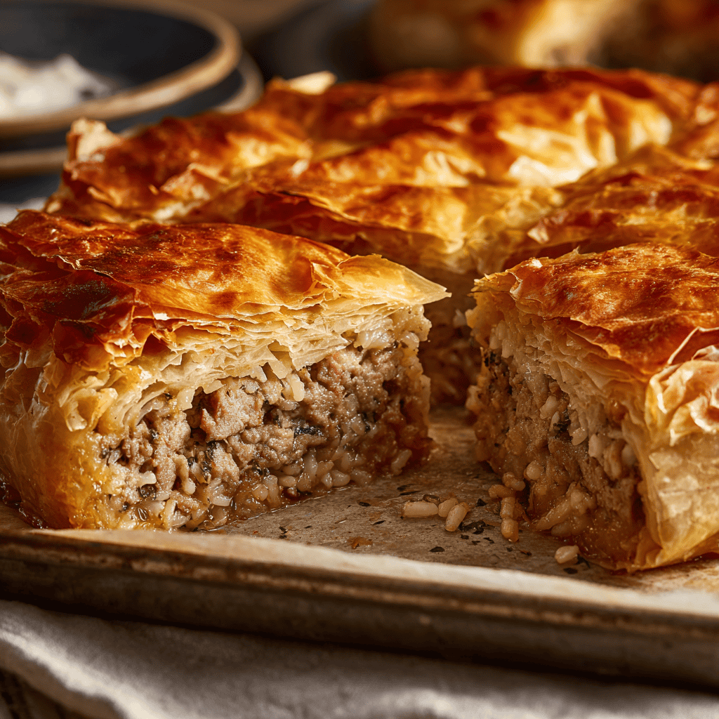 ayoubecomx close up of Kreatopita with one slice removed expo 17bccb5e a37d 4eb6 8e57 c9c7581c8d99 1 - Authentic Kreatopita Recipe (Traditional Greek Meat Pie)