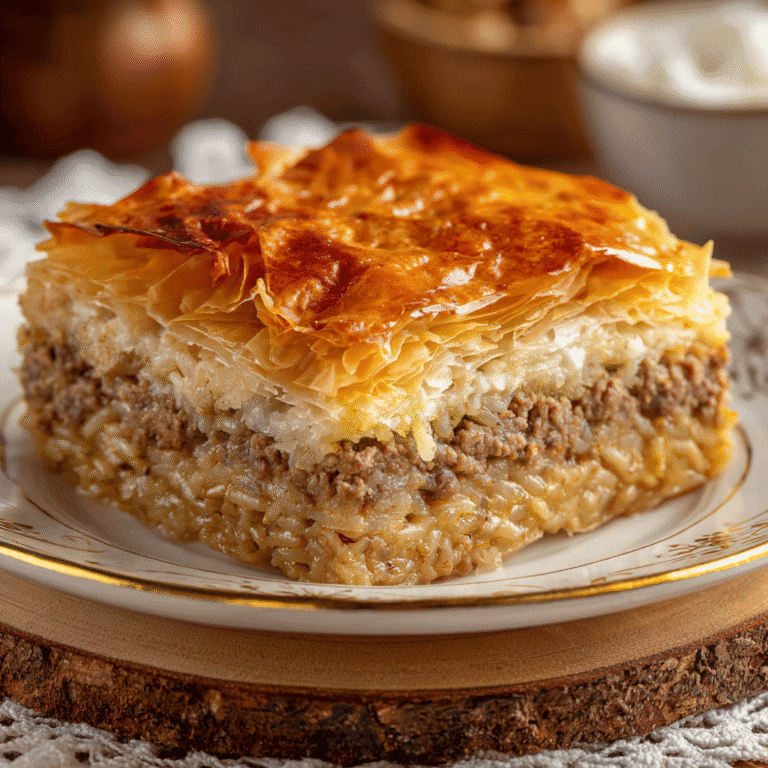 Slice of Greek Kreatopita with golden phyllo and meat filling on a vintage plate.