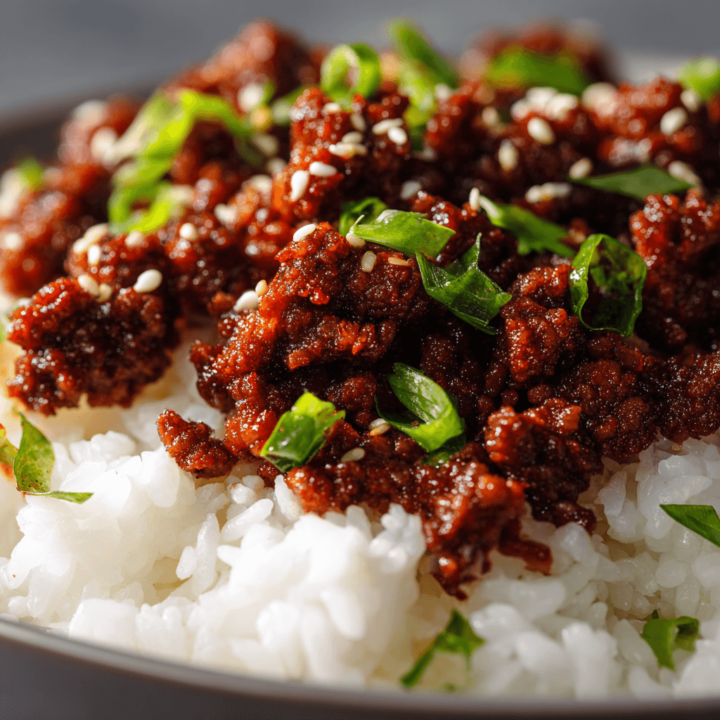 Close-up of Korean beef crumbles on rice showing texture.