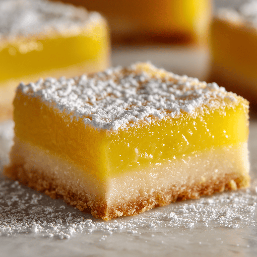 Close-up slice of lemon bar showing lemon filling and crust.
