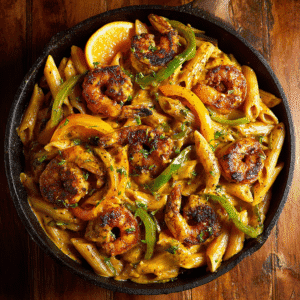 Jerk shrimp pasta with peppers in a creamy jerk sauce.