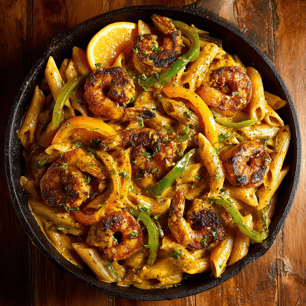 Jerk shrimp pasta with peppers in a creamy jerk sauce.