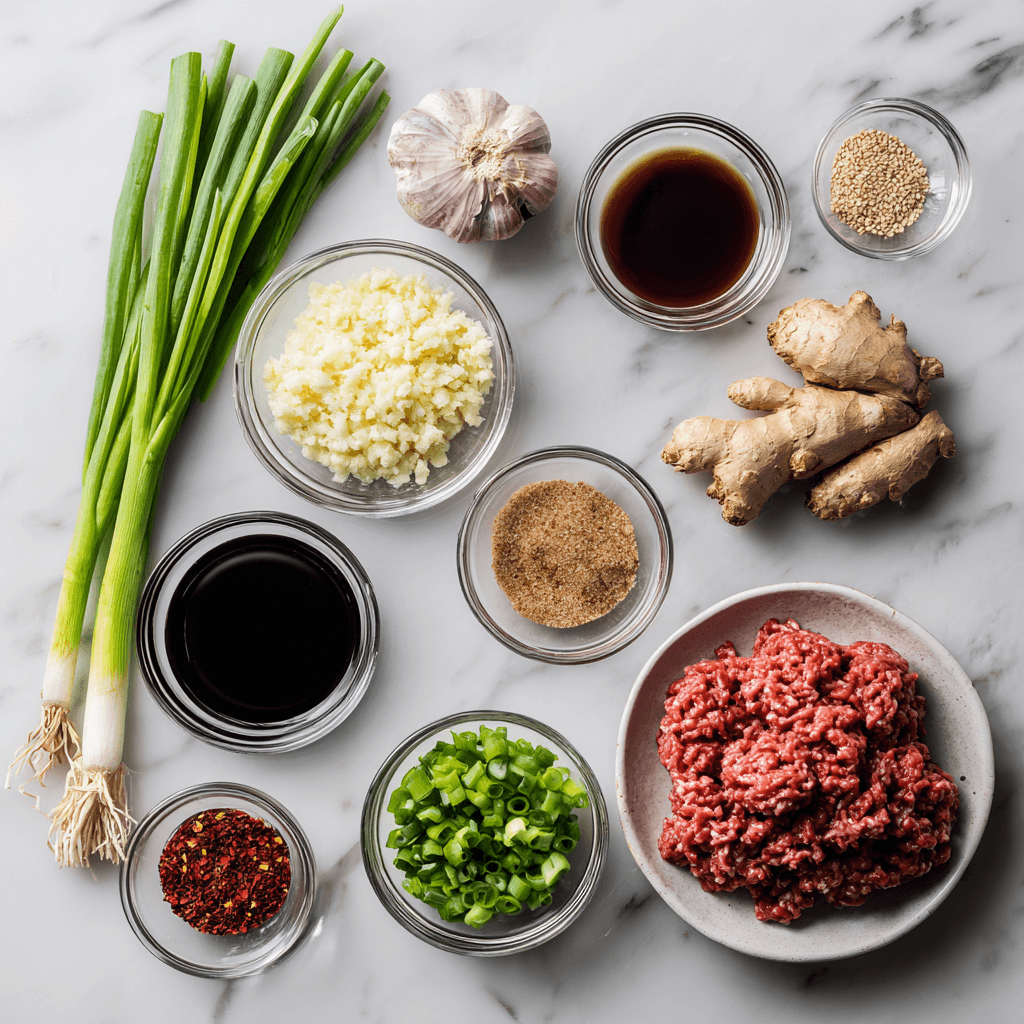 Flat-lay of ingredients used to make Korean beef.