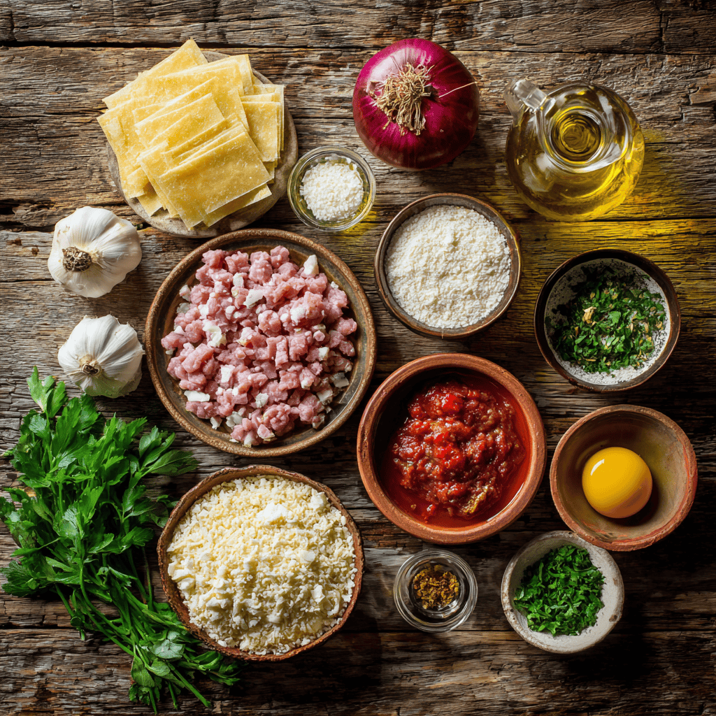 ayoubecomx flat lay of Kreatopita ingredients on a rustic woo 70d6ac56 7663 40be 8637 6ee0da887f53 1 - Authentic Kreatopita Recipe (Traditional Greek Meat Pie)