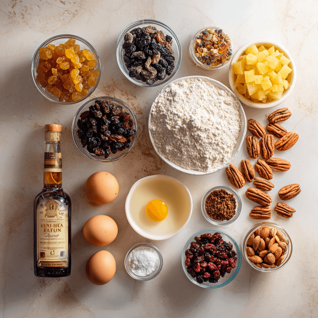 ayoubecomx flat lay of boozy fruit cake ingredients arranged 6a4aeb32 11cb 4733 ad87 fcc1c05659f5 1 - The Ultimate Boozy Fruit Cake Recipe for Festive Celebrations