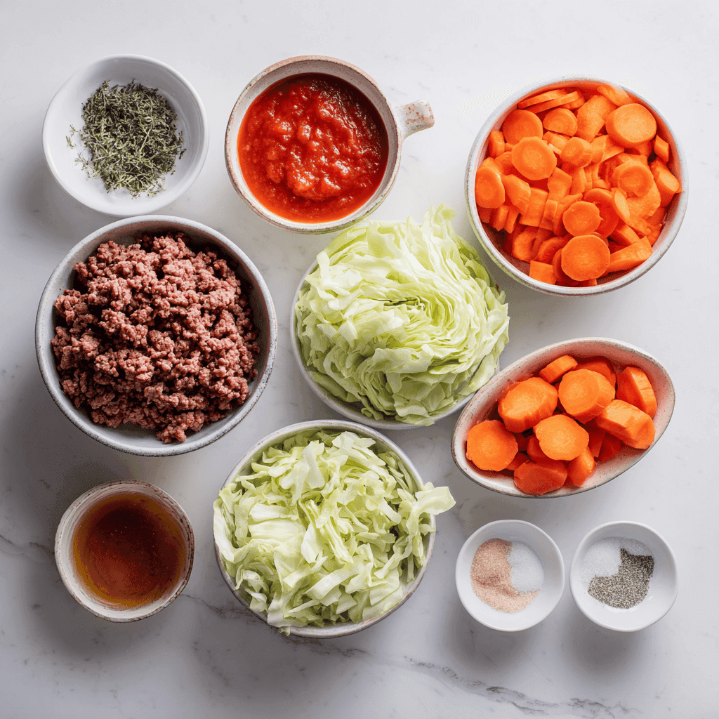 ayoubecomx flat lay of cabbage beef bake ingredients arranged 23e0284d 215a 4d96 87e0 0d84f3c78bf1 1 - Hearty Cabbage Beef Bake: An Easy Dutch Oven Casserole