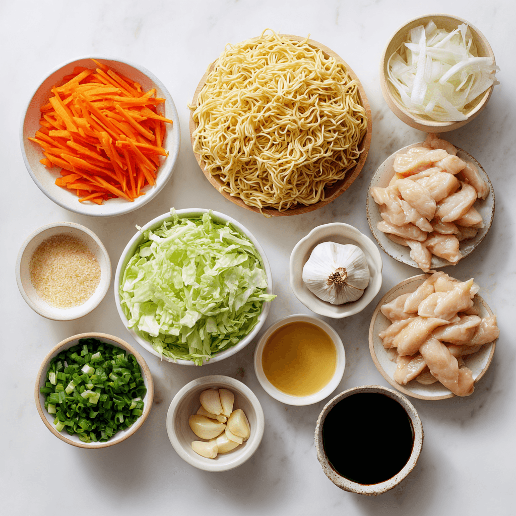 ayoubecomx flat lay of chicken chow mein ingredients uncooked 506c25ac 5820 4fa0 a0e9 dd2681a36540 1 - The Best Homemade Chicken Chow Mein Recipe
