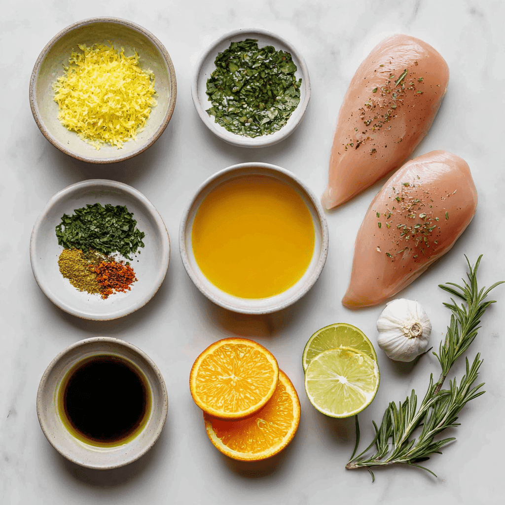 Flat lay of ingredients for citrus chicken marinade.