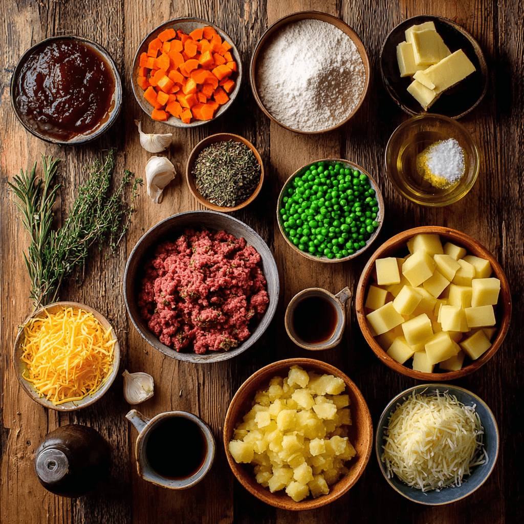 Ingredients for making cottage pie arranged on a wooden surface.