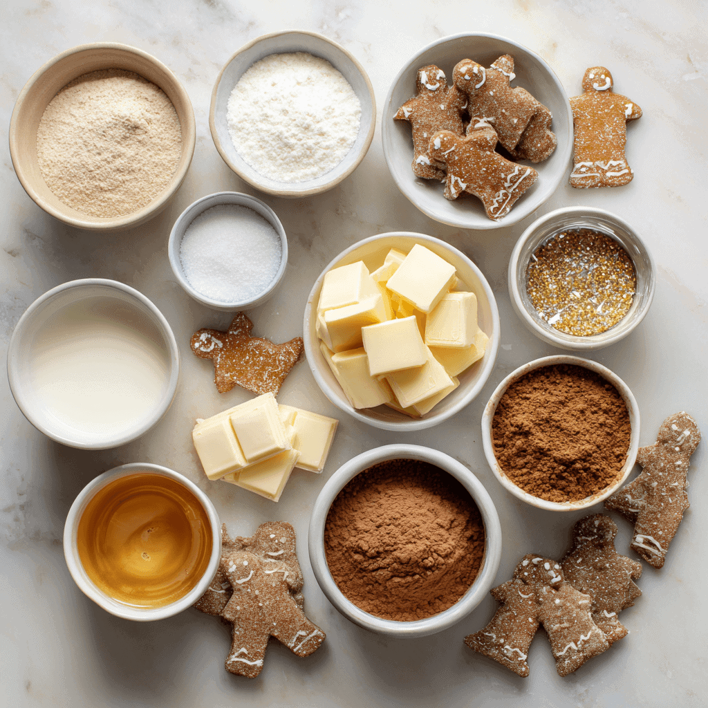 Flat lay of ingredients for gingerbread latte mousse domes.