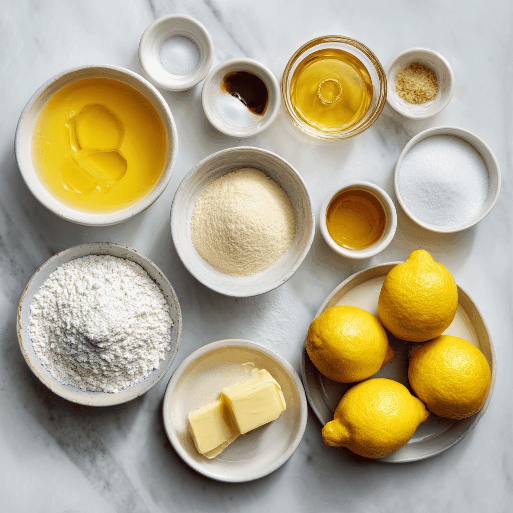 Ingredients for lemon bars arranged on a marble countertop.