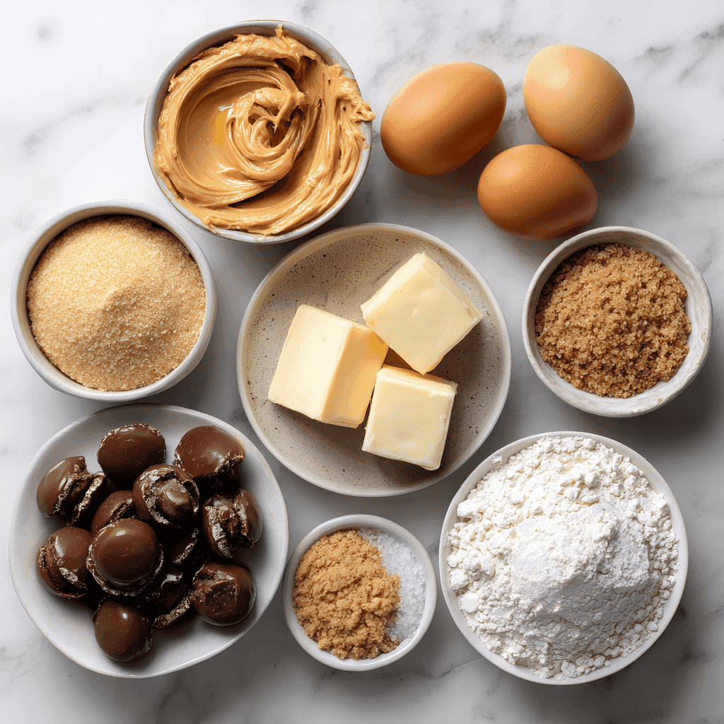 Flat lay of ingredients for peanut butter blossom cookies.