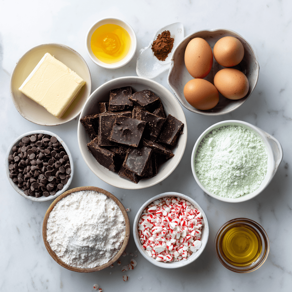 Flat-lay of chocolate, butter, cocoa, peppermint, flour, eggs, and candy canes.