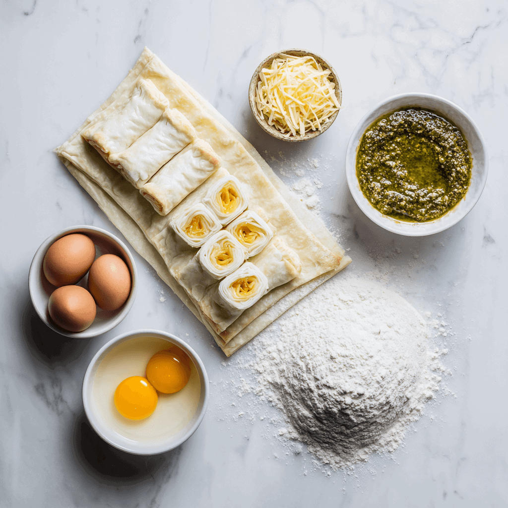 ayoubecomx flat lay of pesto cheesy puff ingredients thawed p 091426b5 db00 4c10 89c4 2c65e36aa20a 1 - Easy Basil Pesto Cheesy Puffs Recipe