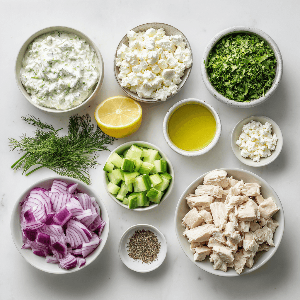 Flat-lay of yogurt, herbs, chicken, cucumber, vegetables, and feta.