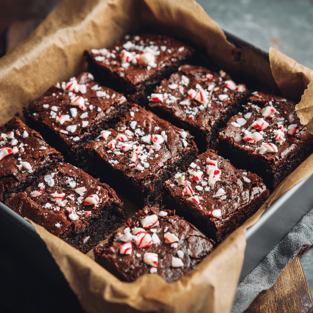 Full batch of peppermint brownies topped with crushed candy canes.
