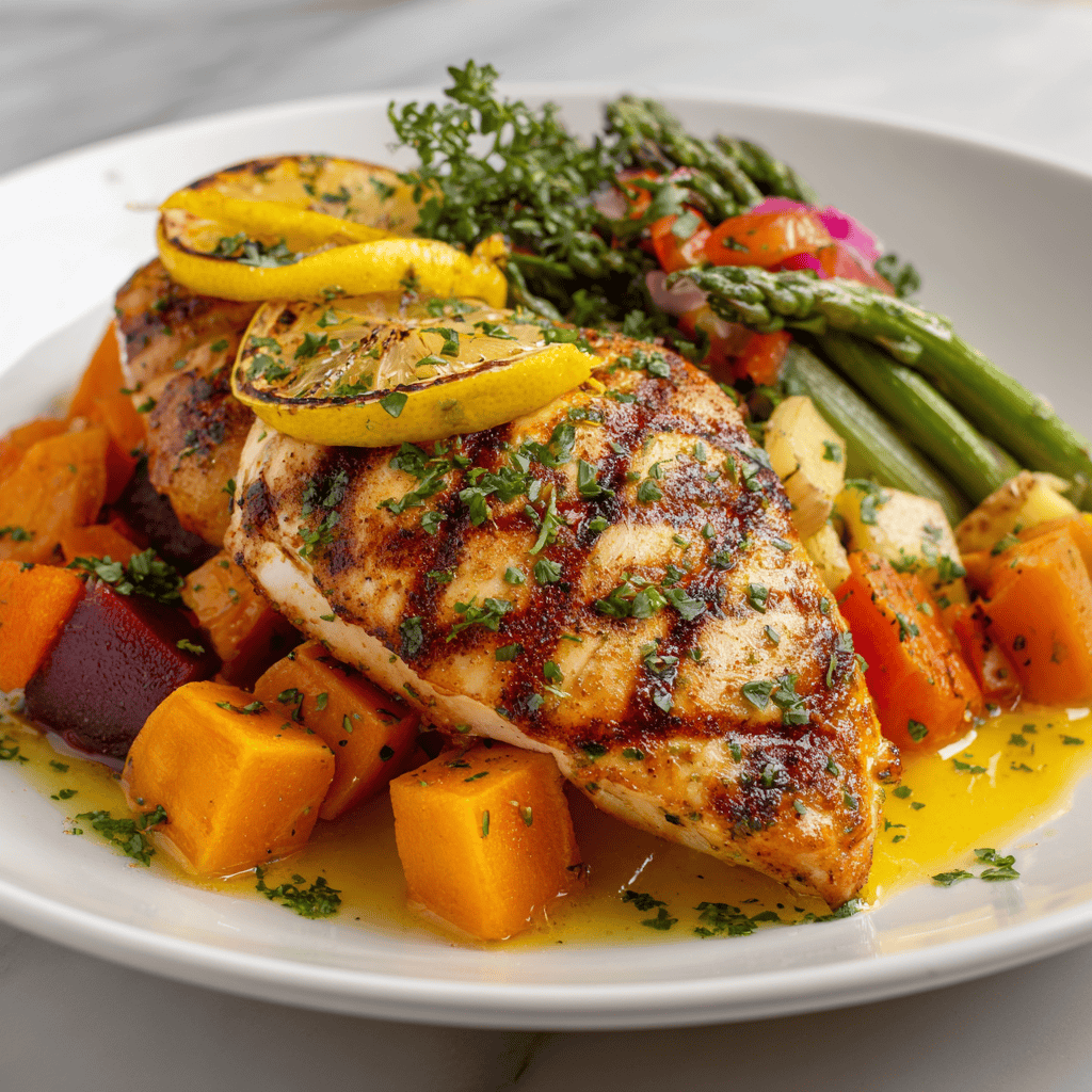 Citrus-marinated grilled chicken served on a white plate with vegetables.
