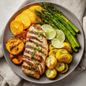 Plate of grilled citrus-marinated chicken with vegetables and citrus slices.