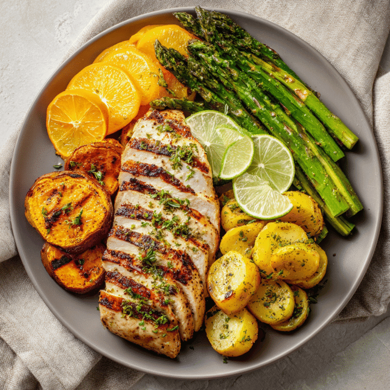 Plate of grilled citrus-marinated chicken with vegetables and citrus slices.