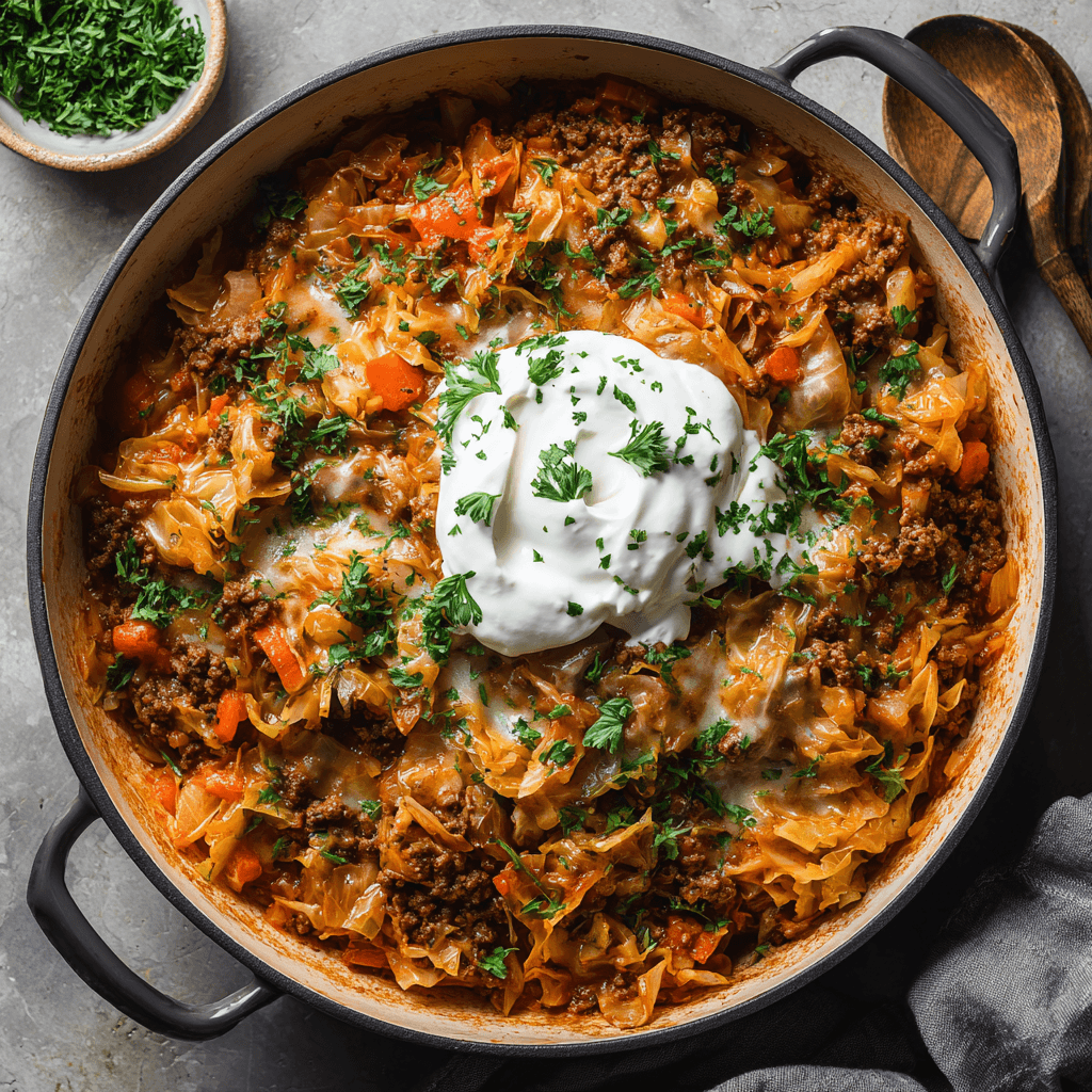 Cabbage beef bake in a pot with sour cream and fresh parsley on top.