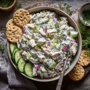 Large bowl of tzatziki chicken salad with herbs and crackers.