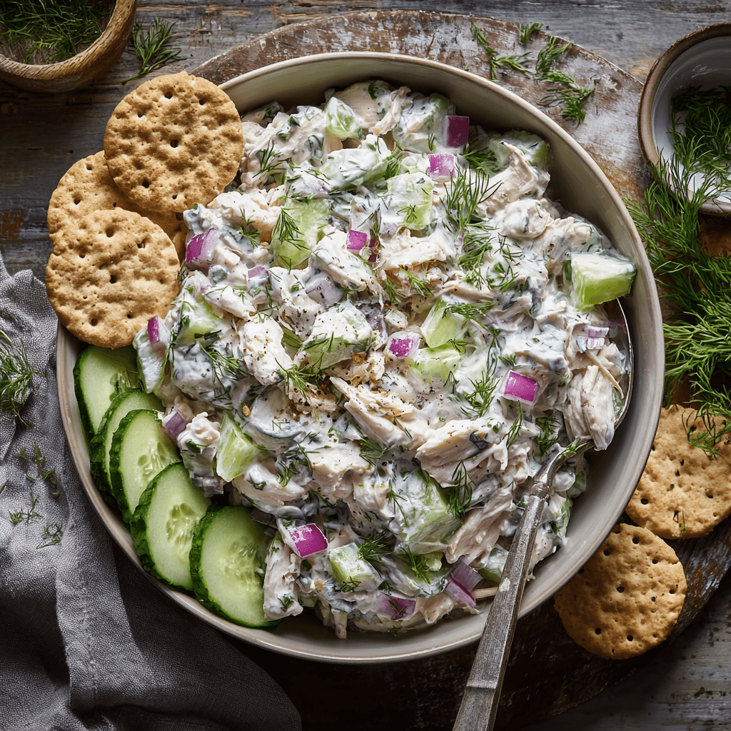 Large bowl of tzatziki chicken salad with herbs and crackers.